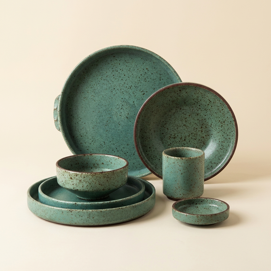 Ceramica Green Speckled Stoneware Dinnerware Set - hero on cream background