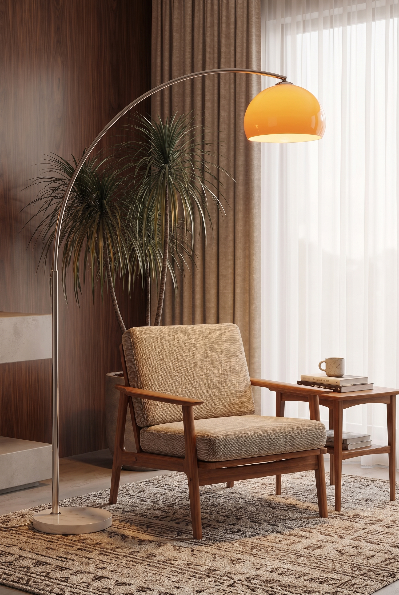 AureliaGlow Arc Floor Lamp with Orange Acrylic Shade – lifestyle view in a styled setting