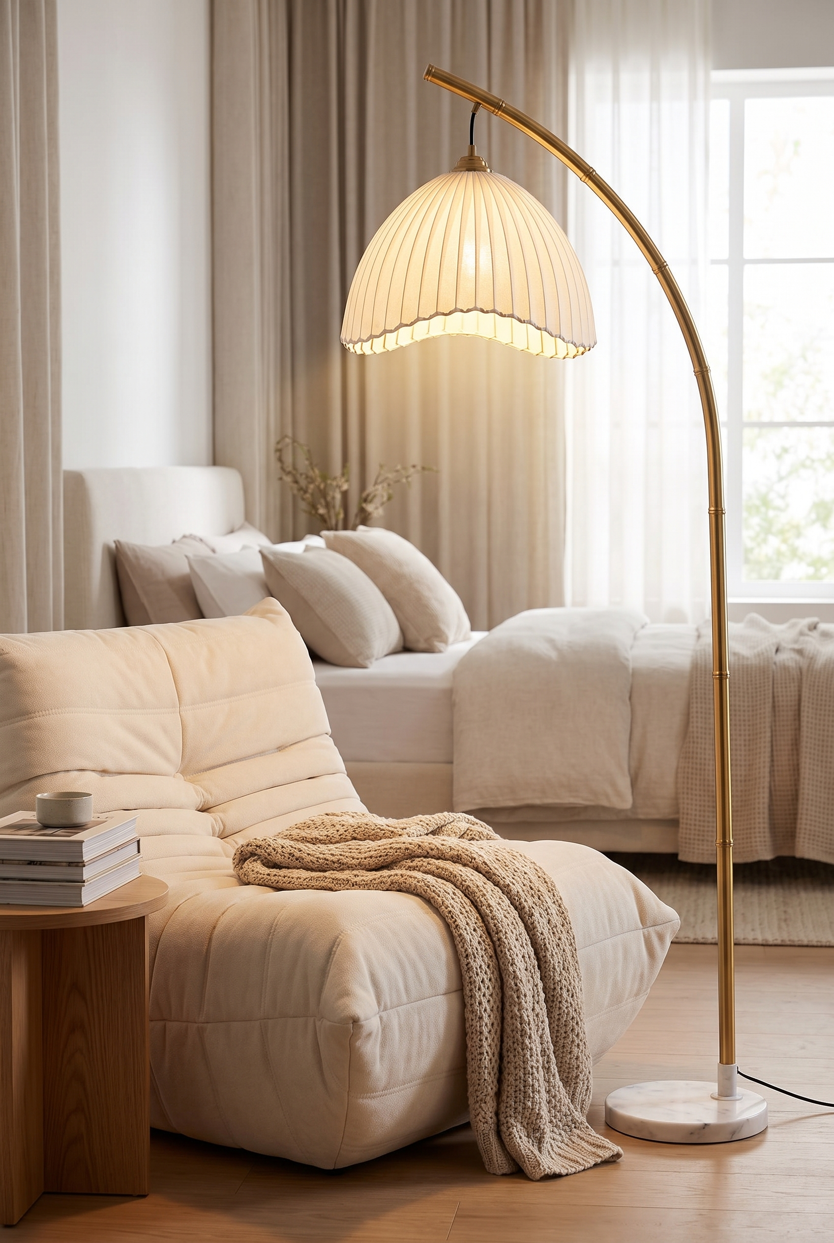 BambooGlow Coastal Floor Lamp with Fabric Shade – lifestyle view in a styled setting