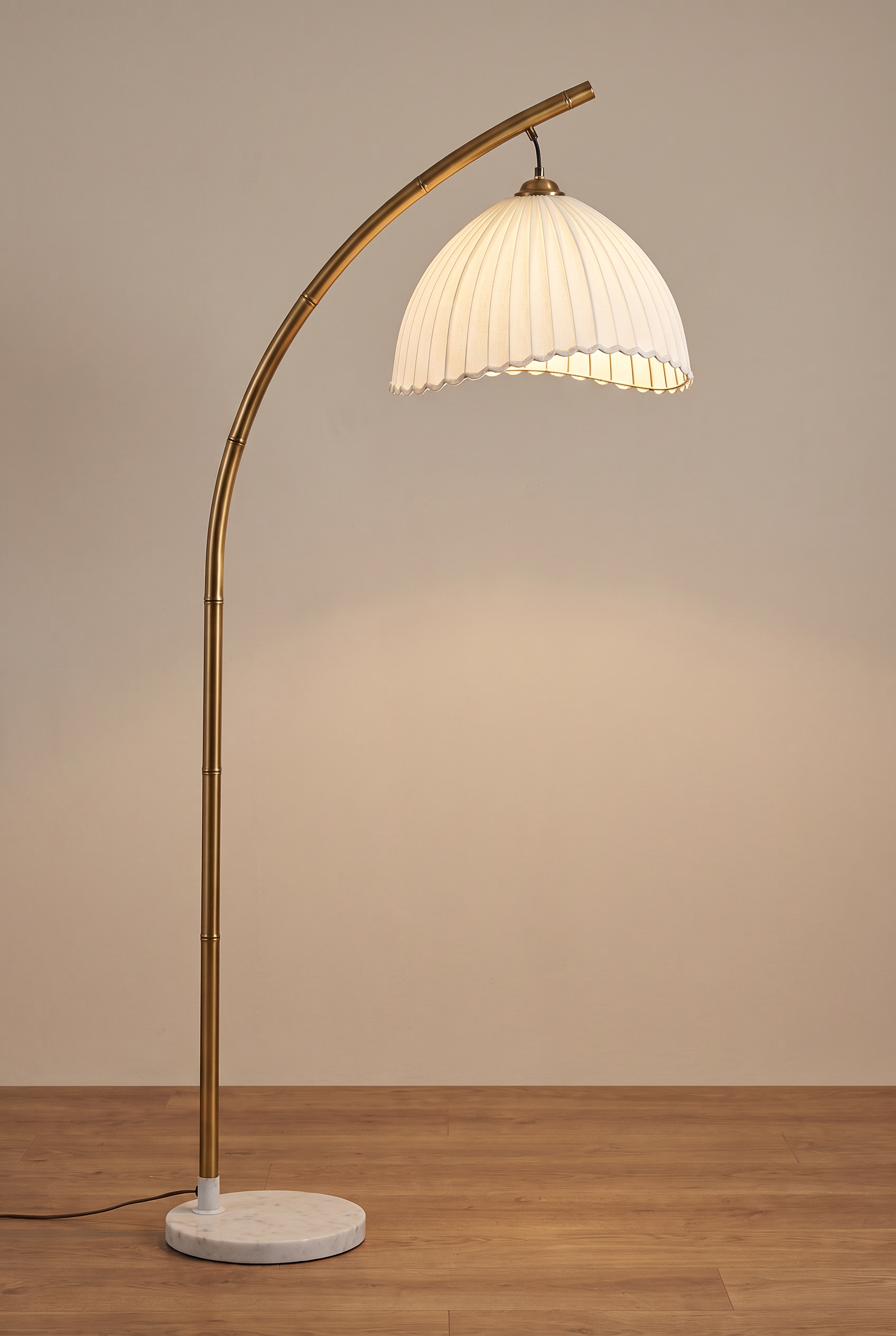 BambooGlow Coastal Floor Lamp with Fabric Shade – in-use room view