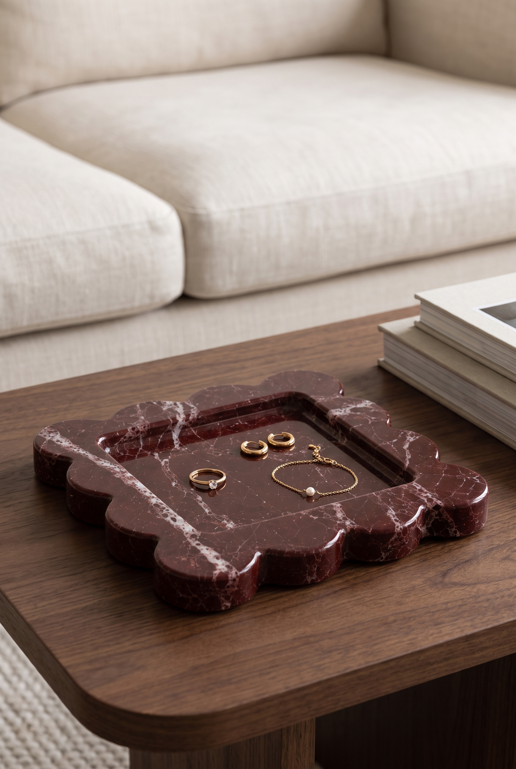 BurgundyStone Scalloped Marble Tray – in-use room view