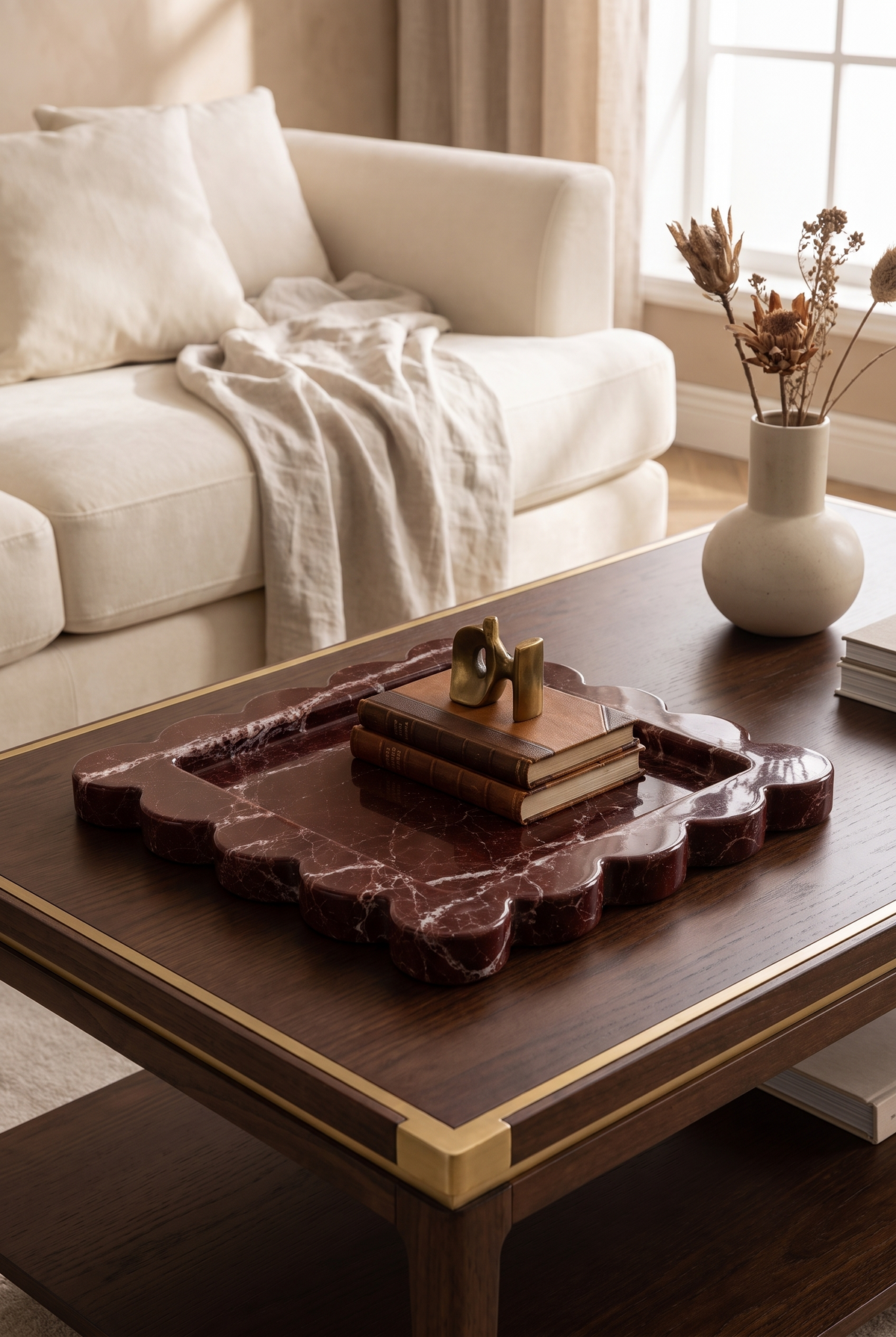 BurgundyStone Scalloped Marble Tray – lifestyle view in a styled setting