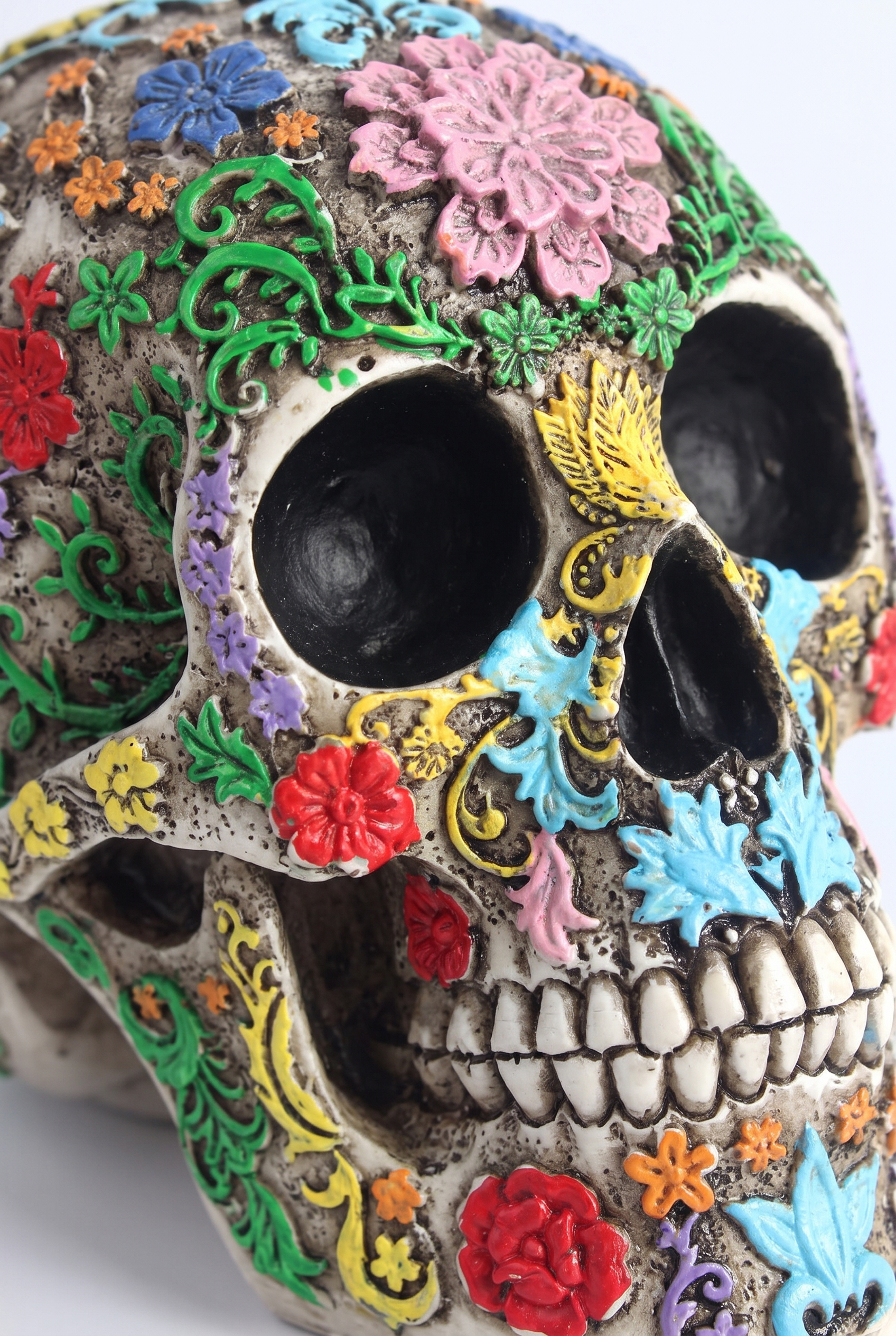 AztecSpirit Hand-Painted Skull Statue – lifestyle view in a styled setting