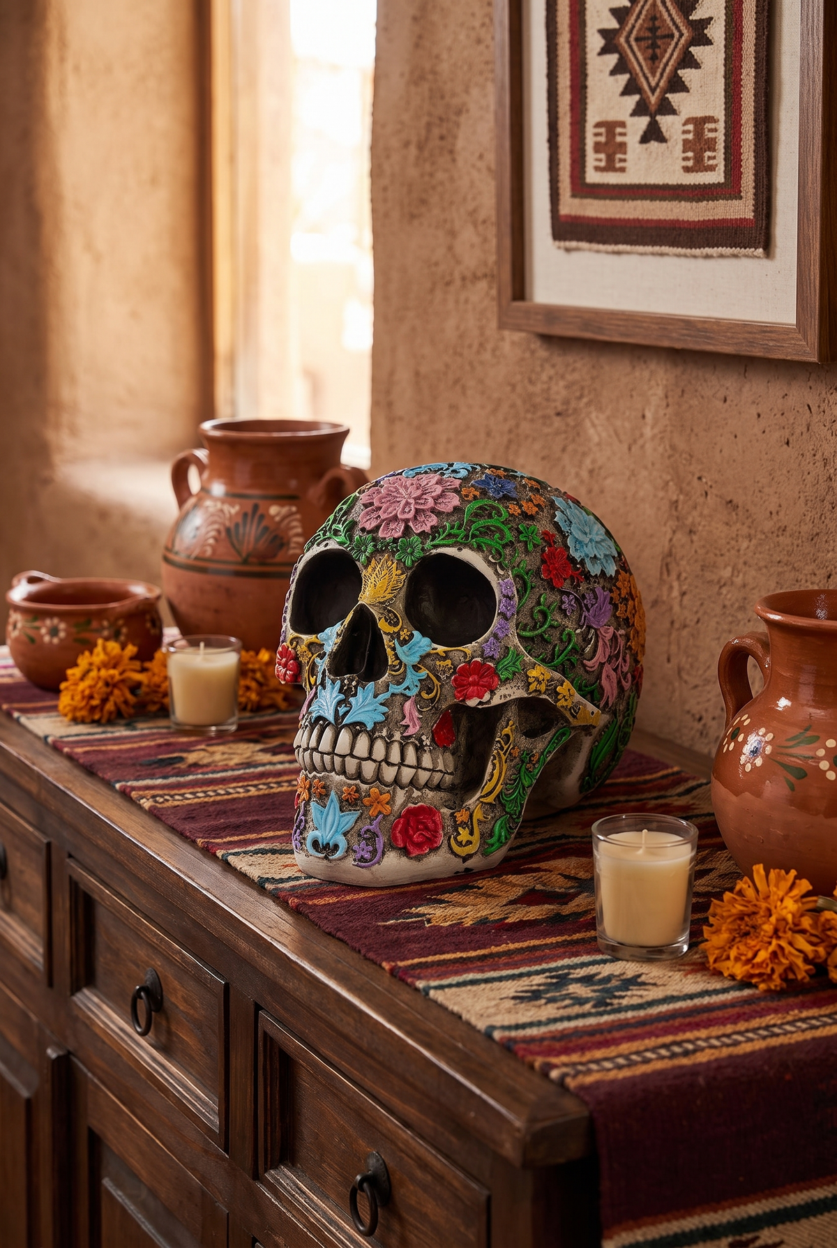 AztecSpirit Hand-Painted Skull Statue – in-use room view