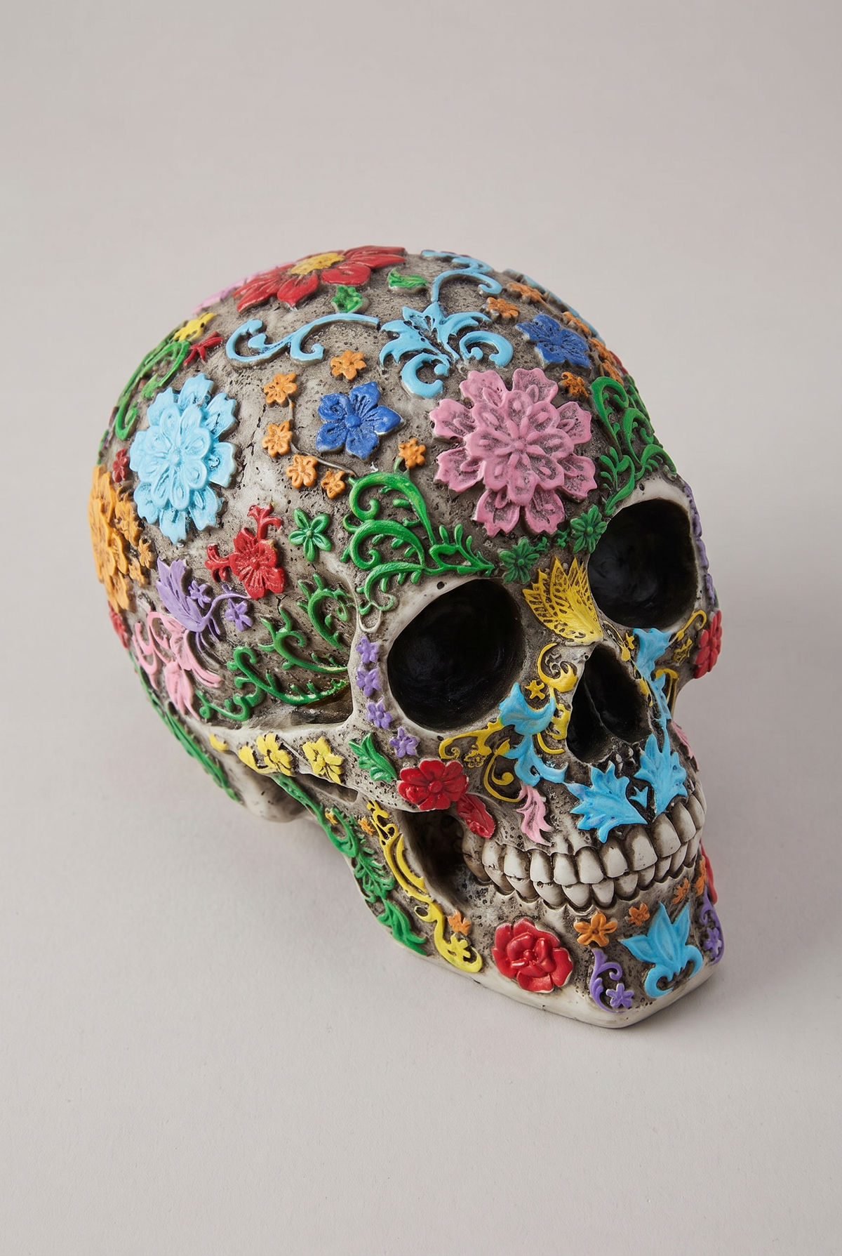 AztecSpirit Hand-Painted Skull Statue – angled product view