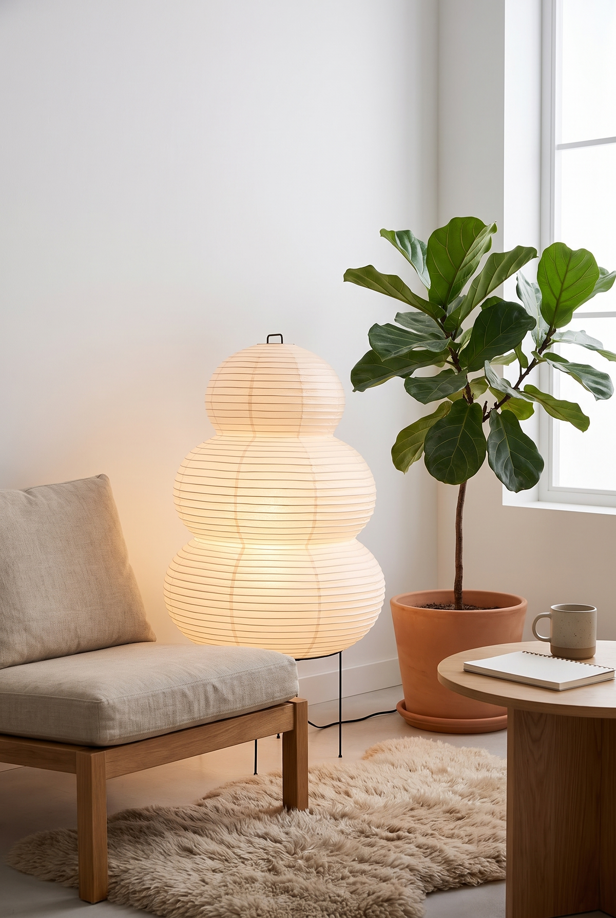 Luminara Japandi Paper Floor Lamp – lifestyle view in a styled setting