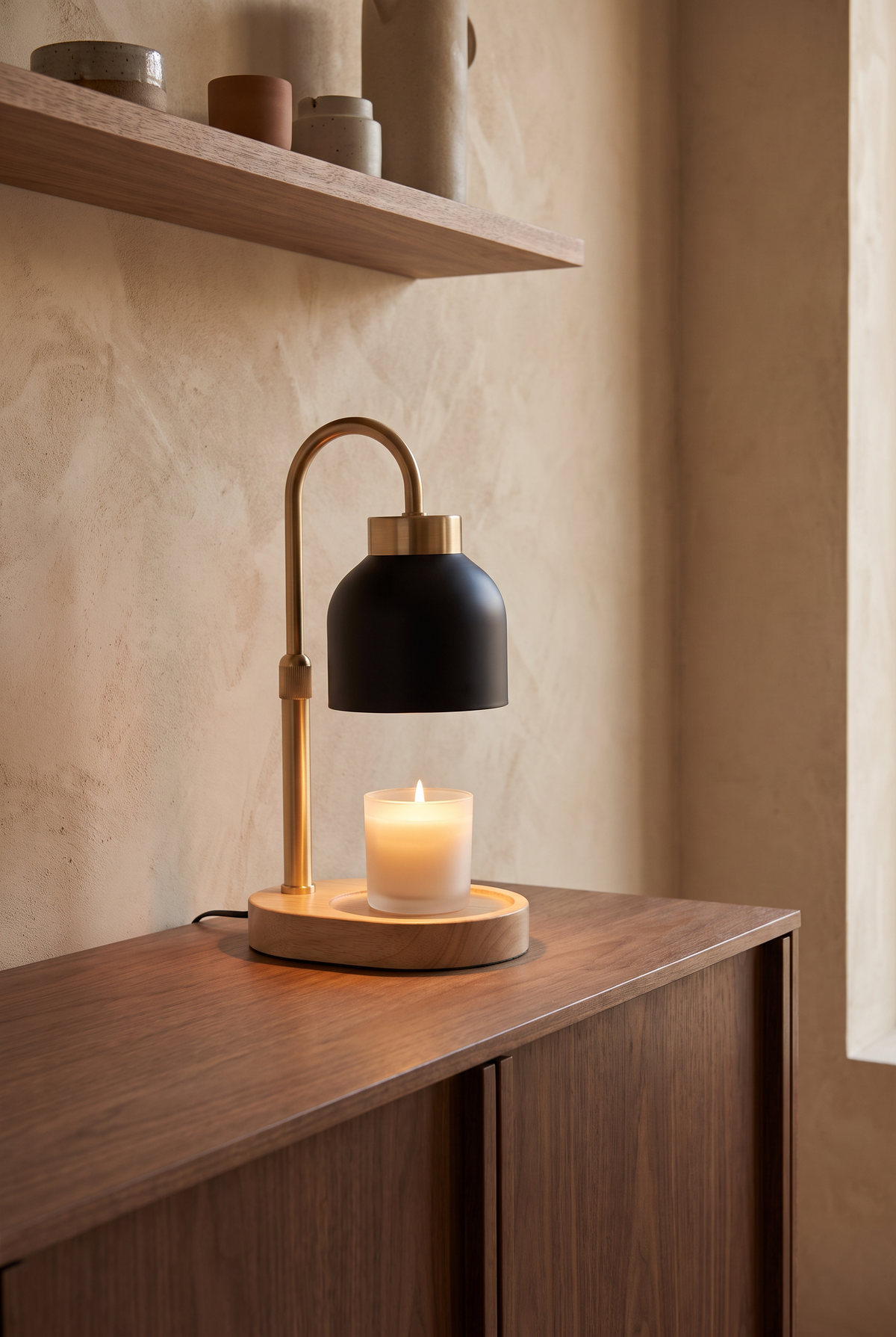 AuraGlow Adjustable Candle Warmer Lamp – lifestyle view in a styled setting