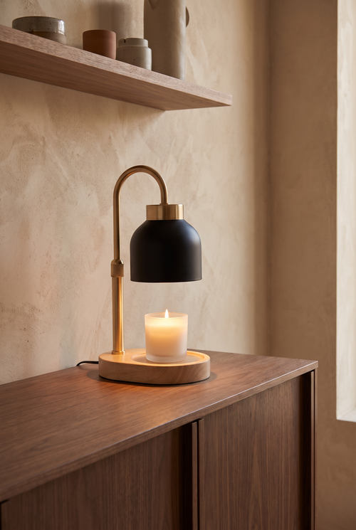 AuraGlow Adjustable Candle Warmer Lamp – lifestyle view in a styled setting