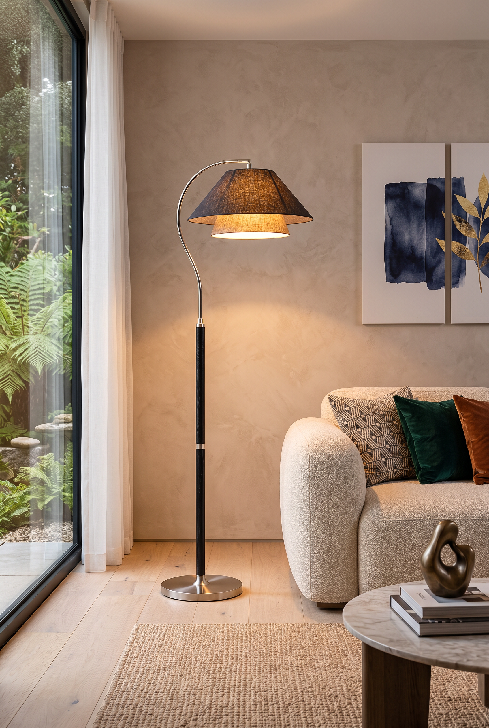 Nocturna Adjustable Arc Floor Lamp – lifestyle view in a styled setting
