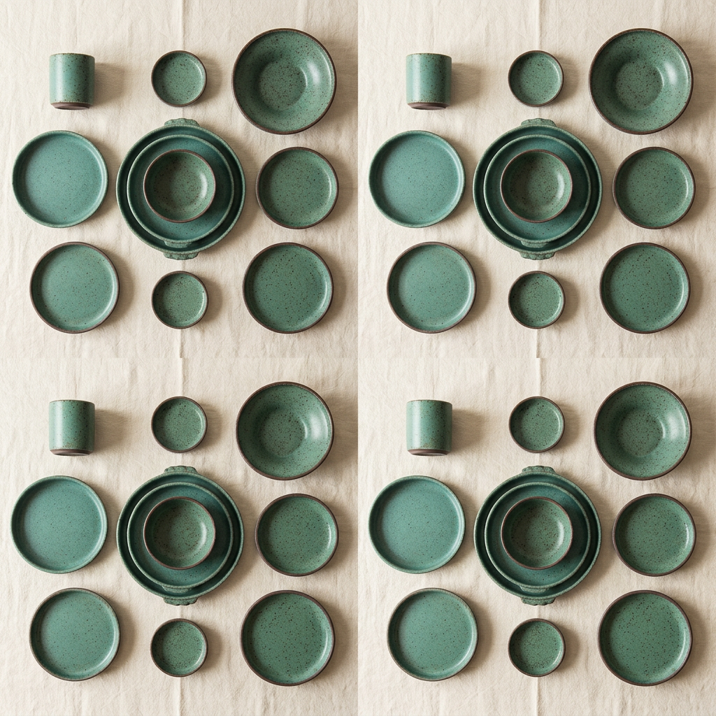 Ceramica Green Speckled Stoneware Dinnerware Set - overhead flat lay of plates, bowls and cups