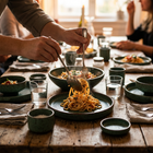 Ceramica Green Speckled Stoneware Dinnerware Set - in use serving pasta at a set dinner table