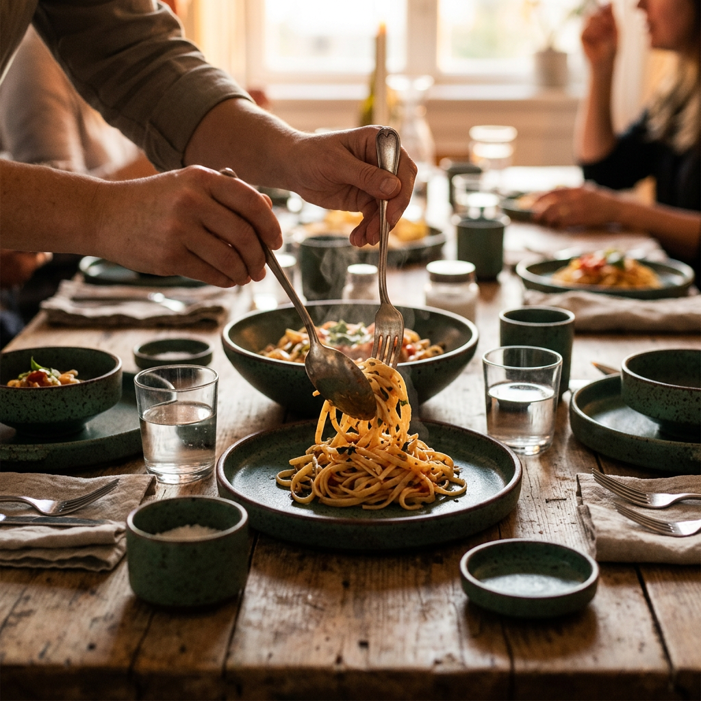 Ceramica Green Speckled Stoneware Dinnerware Set - in use serving pasta at a set dinner table