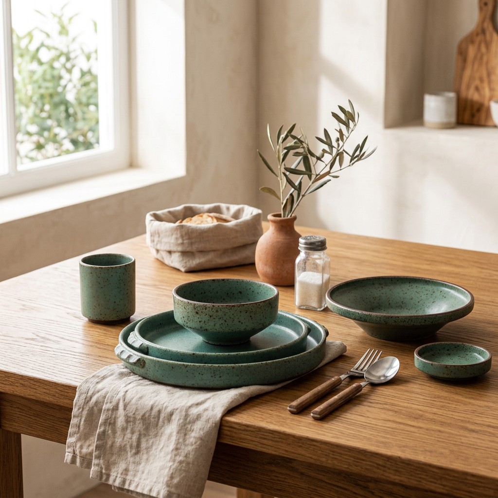 Ceramica Green Speckled Stoneware Dinnerware Set - lifestyle on oak dining table
